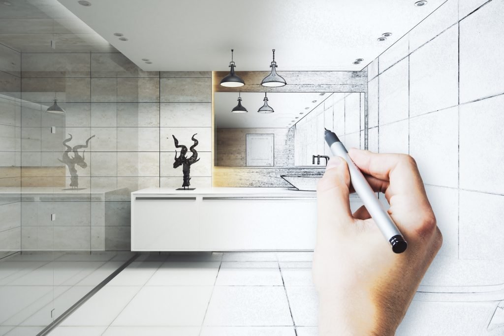 Bathroom design concept transitioning from architectural sketch to finished installation by Harbour Glass