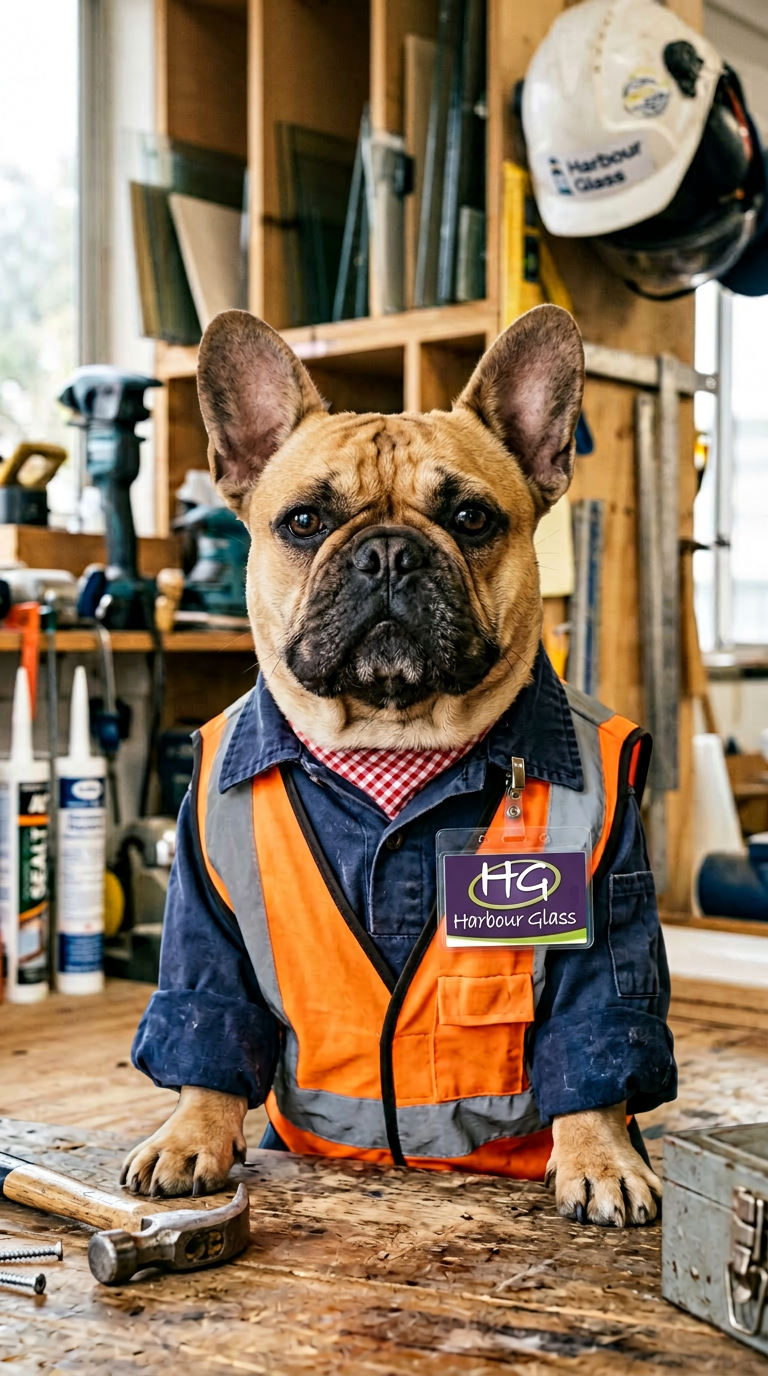 Huxley the French Bulldog wearing a high-visibility vest with Harbour Glass branding in the workshop