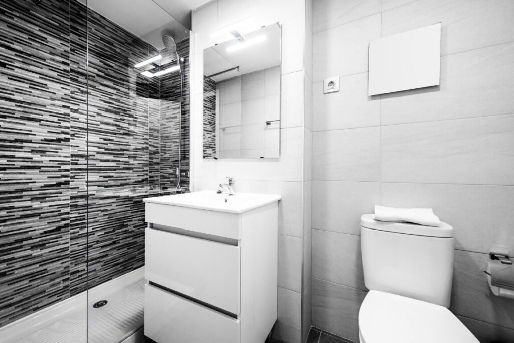 Black and white image of a bathroom featuring a frameless shower blade