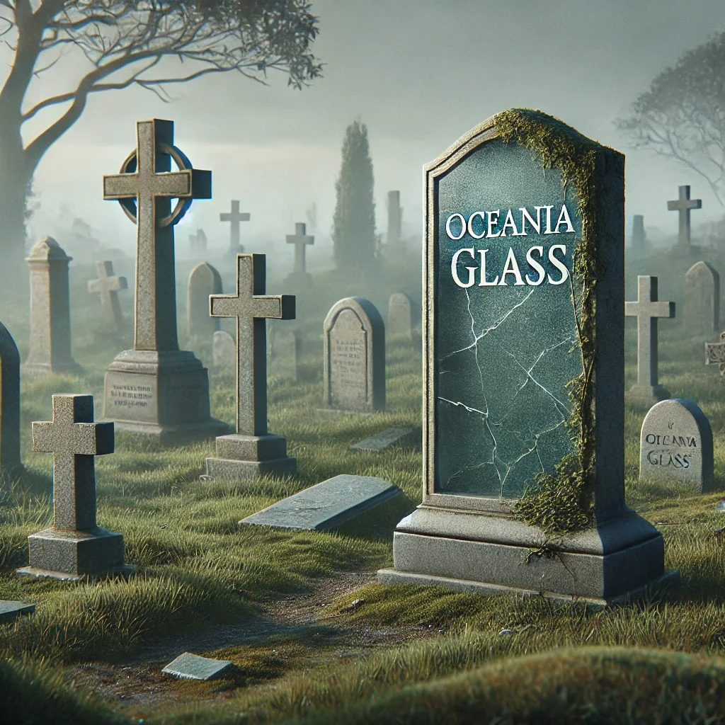 Headstone in cemetery depicting the collapse of Oceania Glass